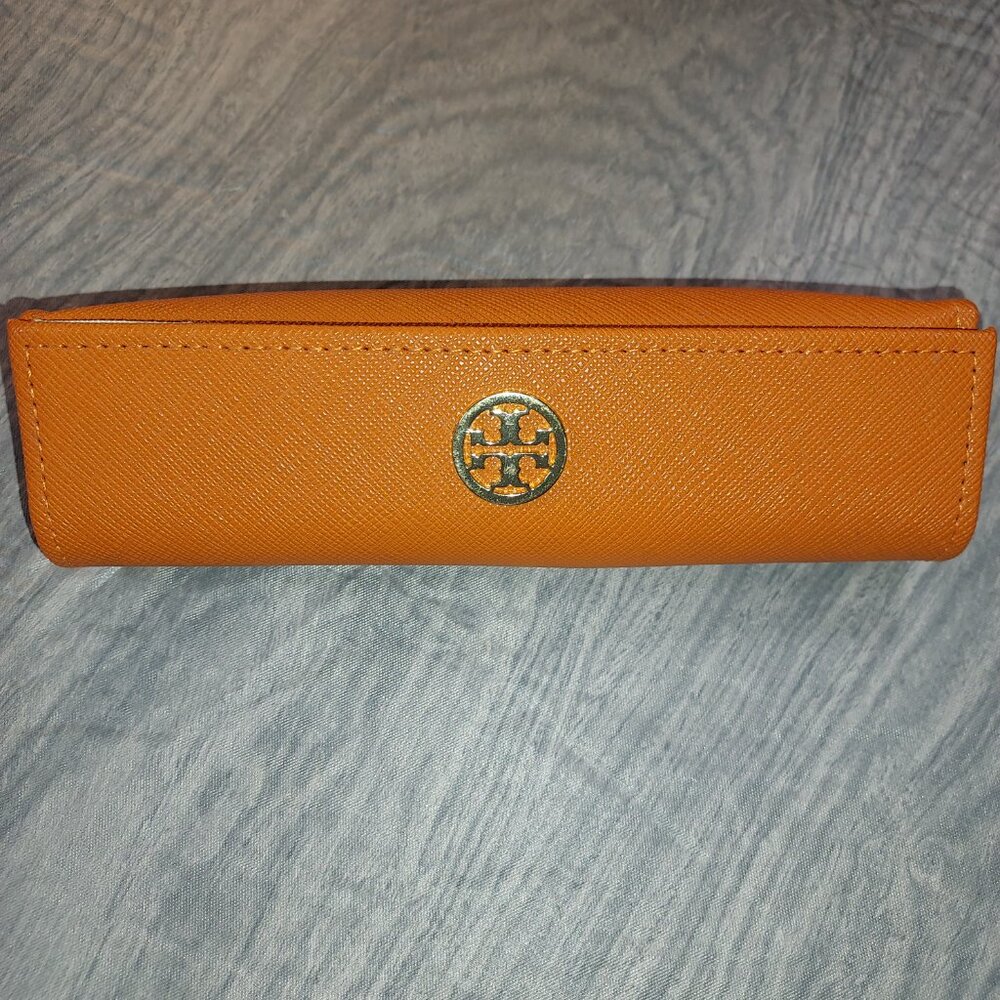 Tory Burch  Orange Gold Triangle Magnetic Snap Logo Sunglass Shades Glasses Case
